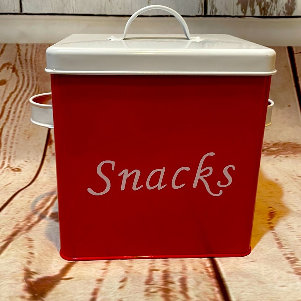 Cute Vintage Look Red and White Metal Snacks Tin